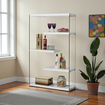 Cilombo 5 Tier Bookcase with 4 Zig-Zag Shelves in Glass/White, 58.55" H X 35.77" W X 11.96" D