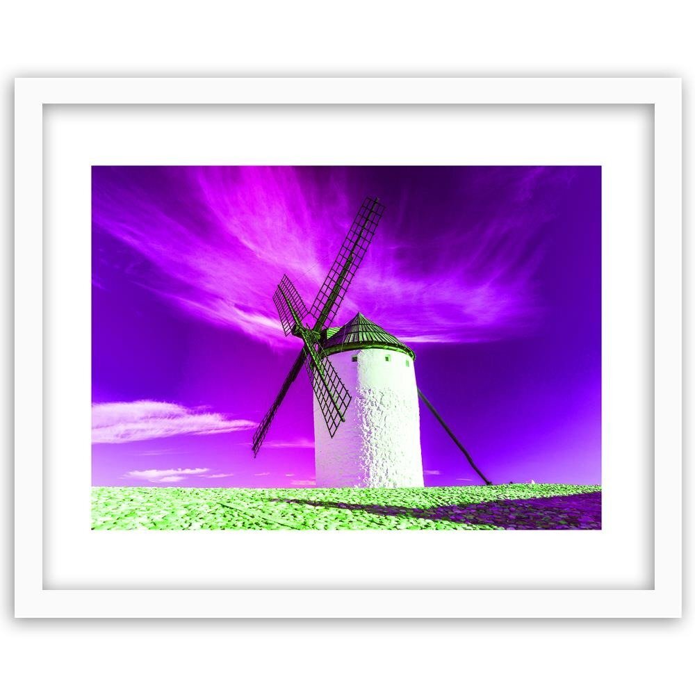 Gerahmter Fotodruck Windmühle vor einem violetten Himmel