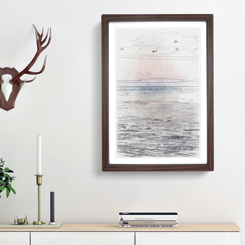 Birds Above the Ocean in Abstract - Picture Frame Graphic Art Print, 65cm H x 48cm W x 2cm D, Walnut Framed