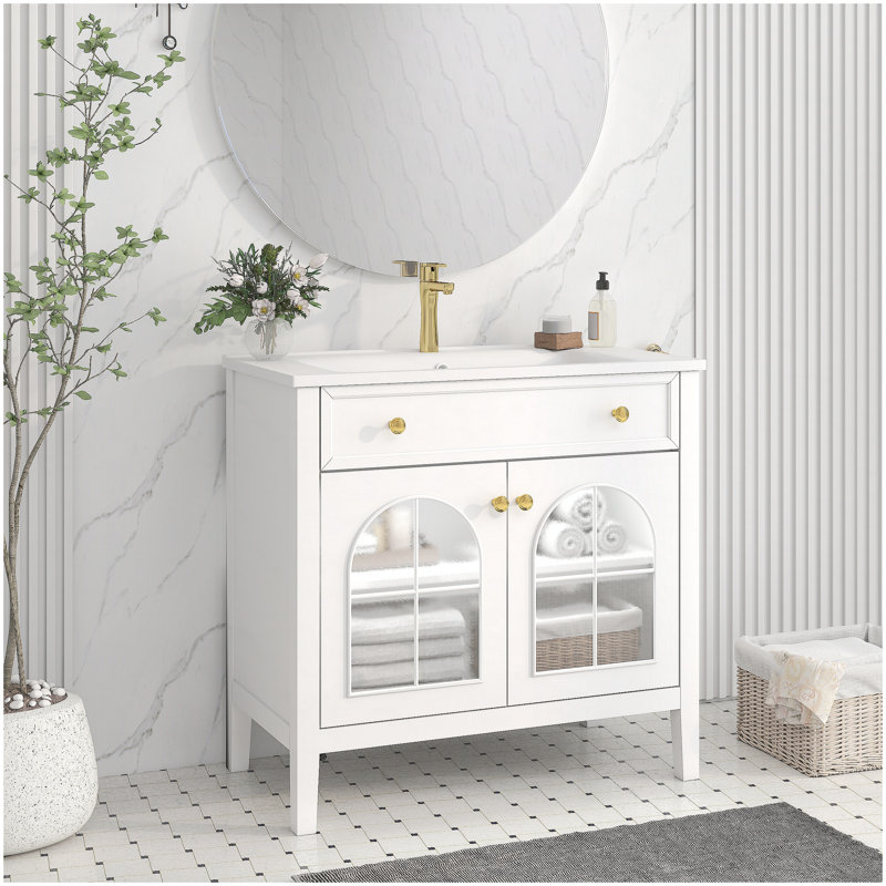 Lavabo de salle de bain de style Mid-Century avec verre à motif, lumière à capteur de mouvement et grand espace de rangement, armoire autoportante haut de gamme, blanc