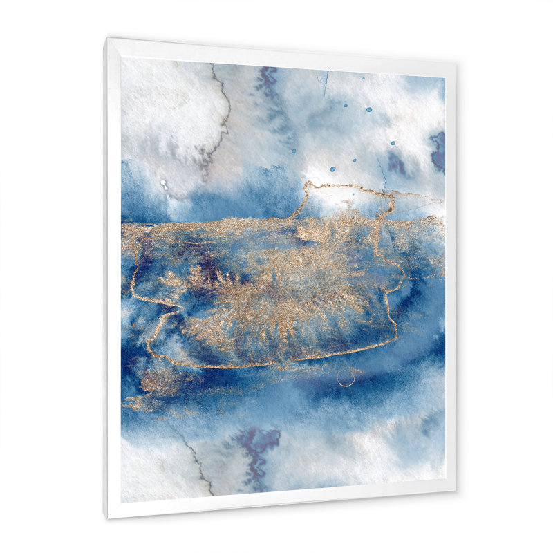 Abstrait classique bleu et or I - peinture sur toile, H 44 po x l 34 po, Cadre de coin blanc fermé