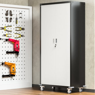 Metal Office Cabinet With 4 Adjustable Shelves And Locking Doors - Garage Organization Solution Lockable Storage Wheels Home