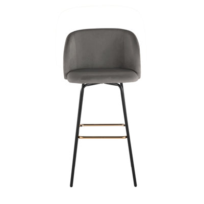 Tabouret de bar à hauteur fixe avec pivot en métal noir et velours gris avec repose-pieds carré en métal doré - ensemble de 2