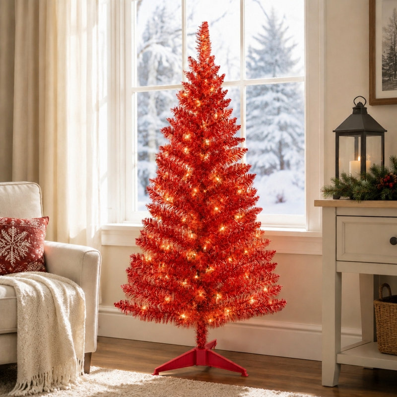 Arbre de Noël rouge de 4 pieds pré-éclairé, mini sapin de Noël décoratif pliable de qualité supérieure, avec 50 lumières blanches chaudes, 122 branches, assemblage facile en trois sections, parfait pour le salon, la salle à manger ou la chambre à coucher