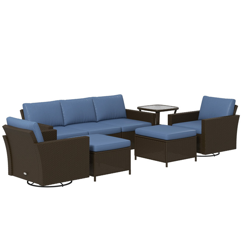 Wicker 5 - Person Patio Conversation Sets with Cushions, Black, Blue