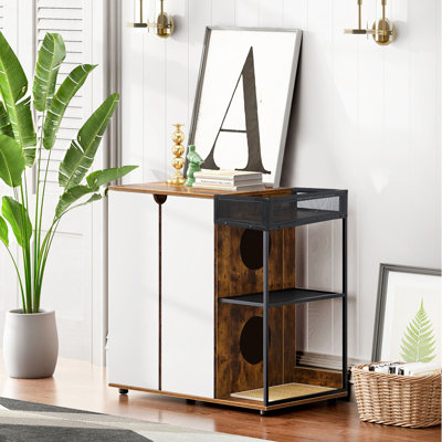 Enceinte de litière rustique pour chat brun pour 2 chats, meuble de rangement élégant avec double entrée et grand rangement