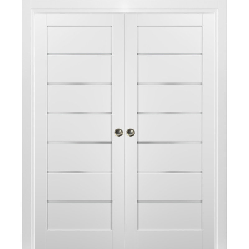 Portes blanches en verre givré Quadro avec trousse de quincaillerie d'installation, 84" x 84"