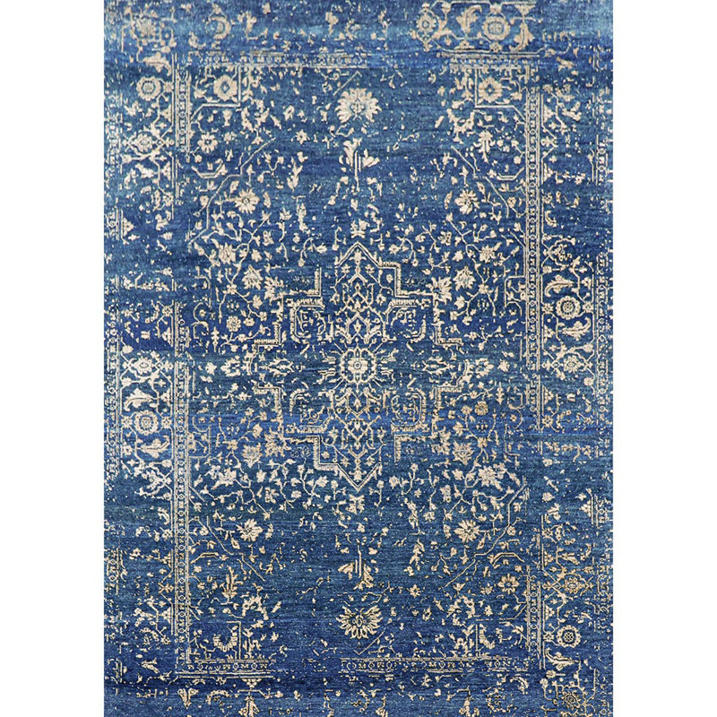 Tapis bleu foncé et doré de haute qualité noué à la main, Rectangle 6 pi x 9 pi