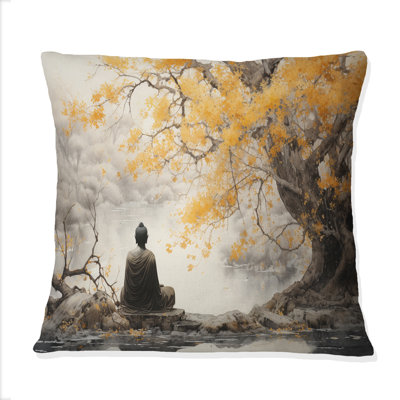 Coussin décoratif imprimé bouddhisme gris et jaune