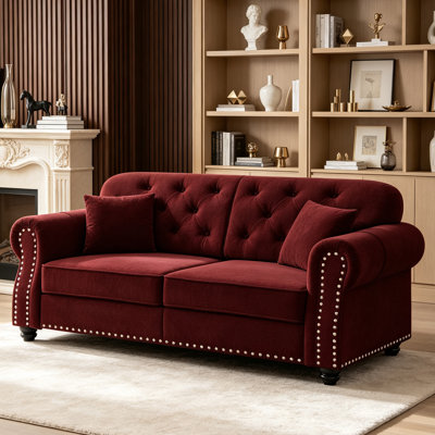 63" Mid-Century Chesterfield Velvet Sofa, Rolled Arms, Nailhead Trim, Button Tufted with 2 Throw Pillows