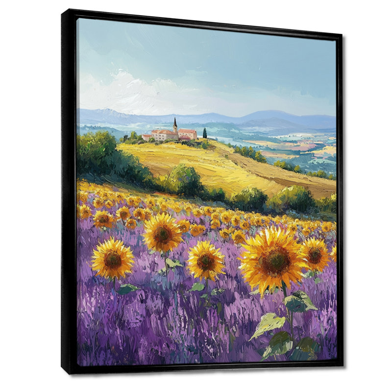 Décoration murale plat de tournesol champignon lavande - tournesols, Noir, Impression encadrée flottante, H 20 po x l 12 po