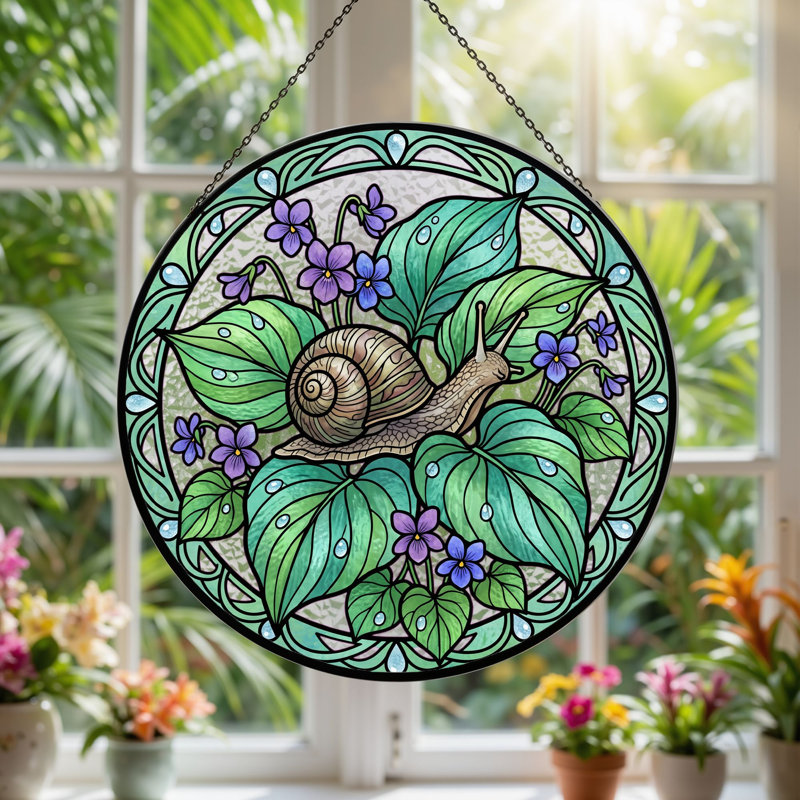 Panneau de vitrail Snail Garden, 7,8 heures, 7.8"H