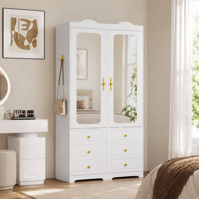 Armoire-penderie à miroir 2 portes 31,5 "avec ouverture à droite et à gauche, 3 tiroirs, tablettes réglables et éclairage à DEL
