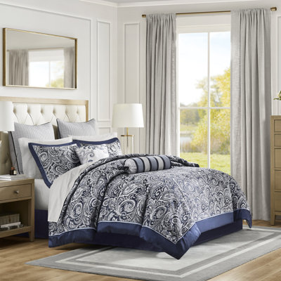Édredon 12 pièces grand bleu marine - Draps en coton inclus, motif cachemire moderne pour une literie élégante