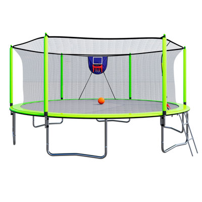 15FT Trampoline with Basketball Hoop Inflator and Ladder, 6pcs safety new pole Sleeves- Green