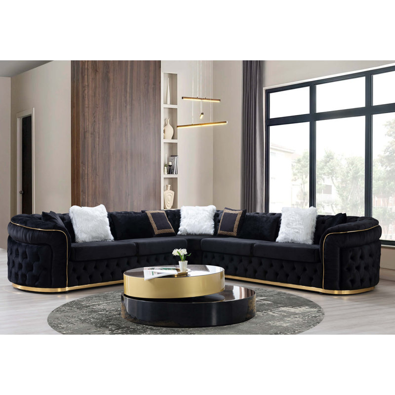 Varinia 120" Wide Symmetrical Sofa & Chaise, Black Velvet