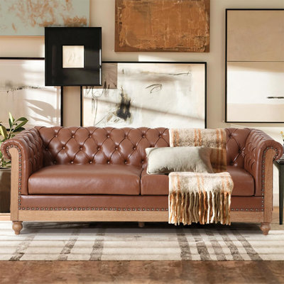Daeshun 78" Mid-Century Comfy Faux Leather Sofa,Oversized 3-Seater Couch with Comfy Cushions and Wood Legs