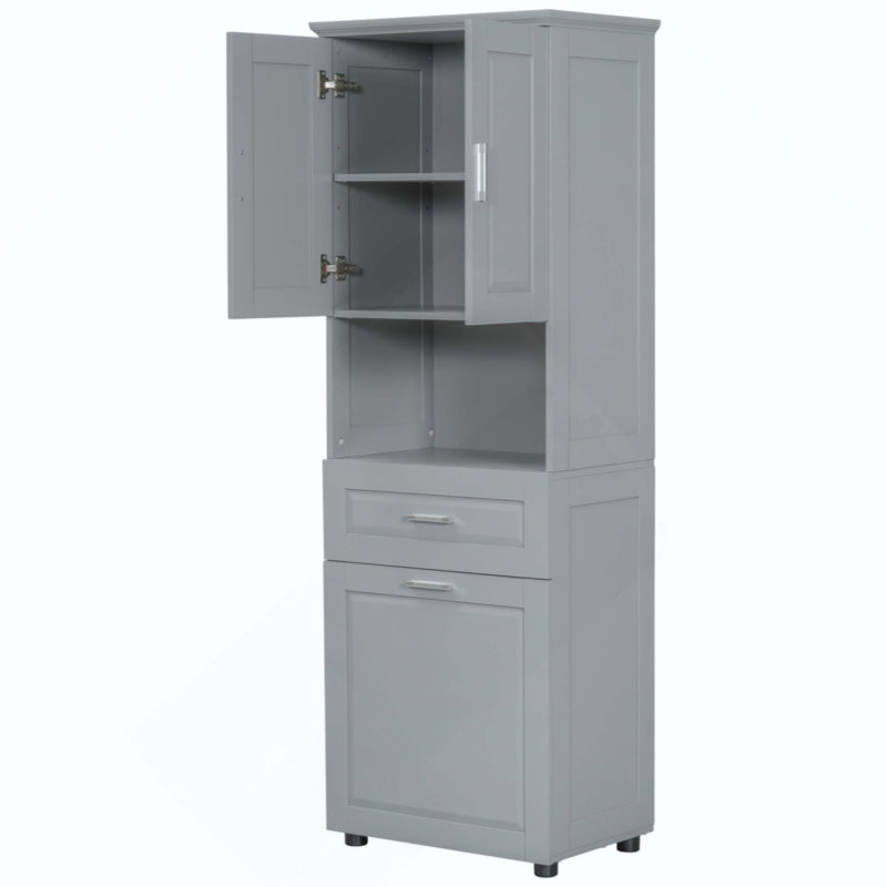 Grande armoire de salle de bain avec panier à linge, grand panier à linge inclinable et armoire de rangement supérieure, Gris