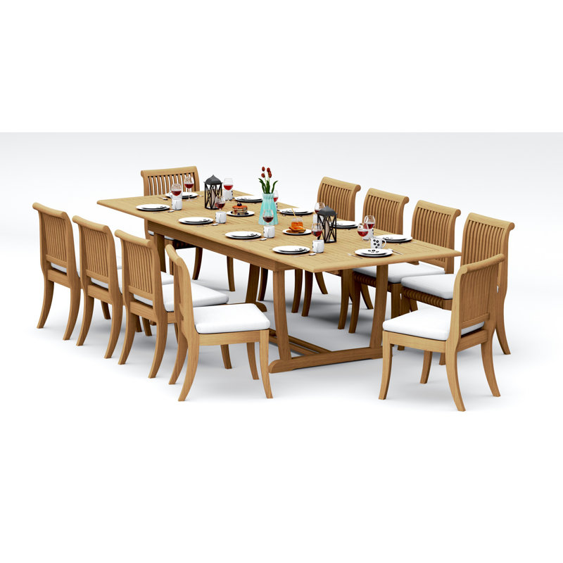 12 Seats 13 Pcs Grade-A Teak Wood Dining Set: 118" Double Extension Mas Rectangle Trestle Leg Table And 12 Giva Armless Chairs #11GV2500