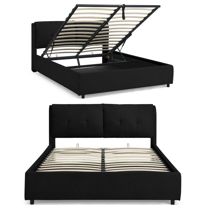 Grand lit plateforme tapissier hydraulique avec tête de lit intégrée, structure de lit moderne en tissu chenille, aucun sommier nécessaire