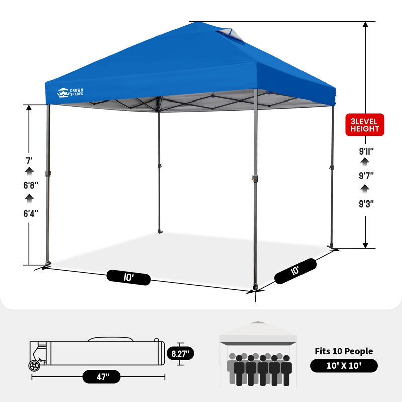 CROWN SHADES 10' x 10' Commercial Pop-Up Canopy Tent with Center Lock and Metal Frame, Blue, Blue