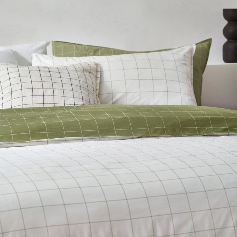 Abiyah Cotton Chequered Duvet Cover Set with Pillowcases, Kingsize - 2 Standard Pillowcases, Green/White