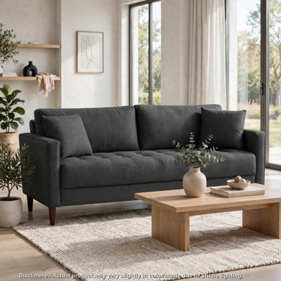 Canapé Yera avec 2 coussins, siège capitonné gris, bois brun cerisier, 195 cm (77 po)