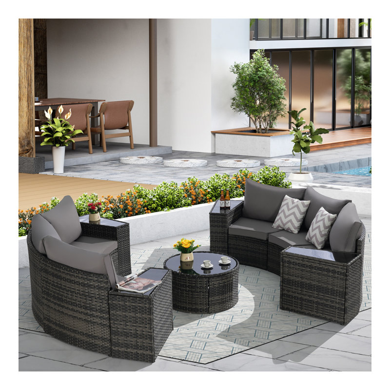 Ensemble de canapé d'extérieur modulaire demi-lune 11 pièces avec table basse ronde en verre trempé, Gris