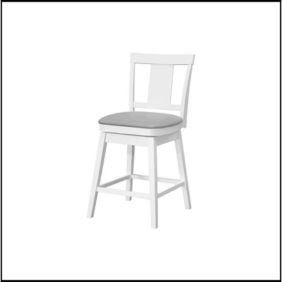 Transitional Bar Stool, Set Of 2, Swivel, Counter Height, Kitchen, White Wood, Grey Leather Look