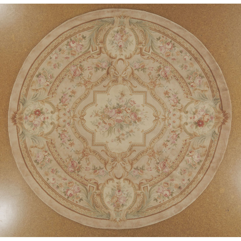 Tapis rond en laine noué à la main beige / ivoire Savonnerie