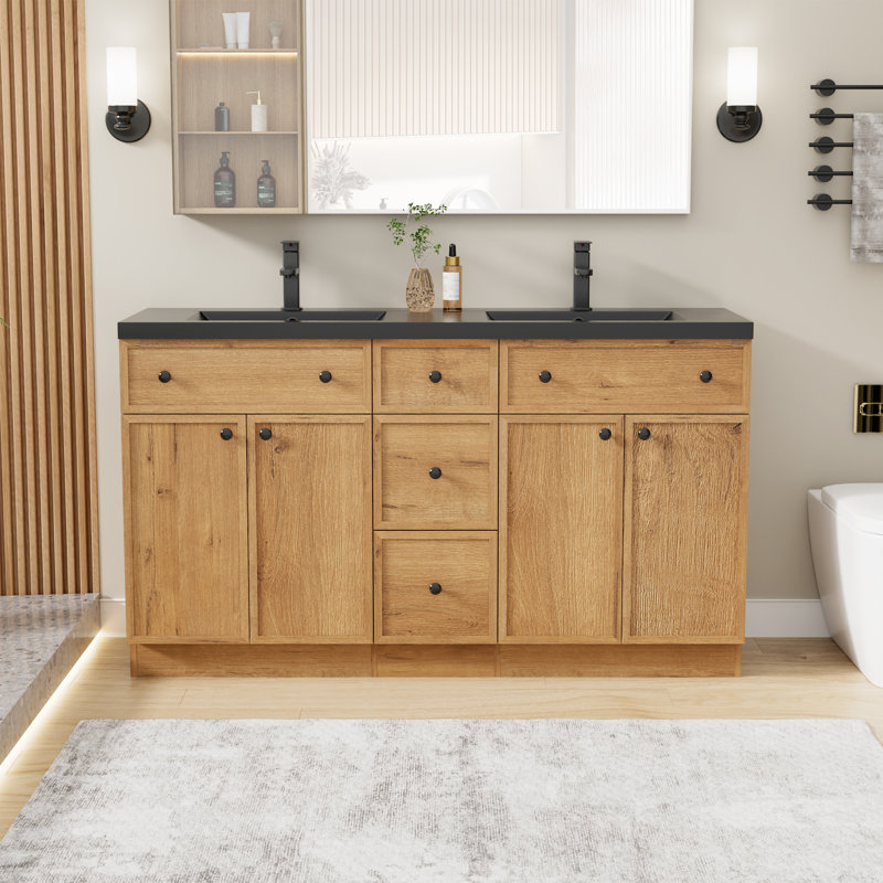 Meuble-lavabo double 60 po avec lavabo en résine 60 po Modern, Chêne, 60"