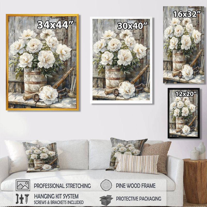 Pivoines dans la remise laitière II - Art mural floral, H 32 po x l 24 po, Reproduction encadrée d'une seule photo, Blanc