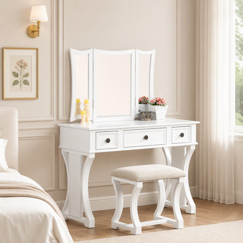 Ensemble de coiffeuse moderne et unique pour chambre à coucher, avec tabouret, miroir pliable et tiroirs, placage MDF blanc pour un rangement élégant