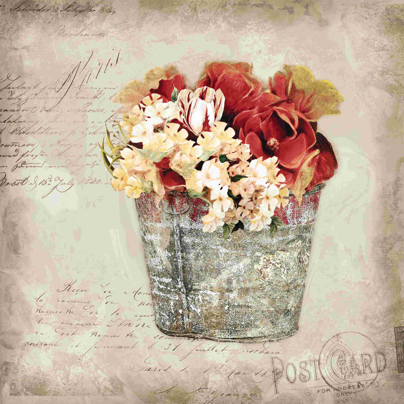 Seau de fleur rétro - peinture sur toile tendue, H 36 po x l 36 po