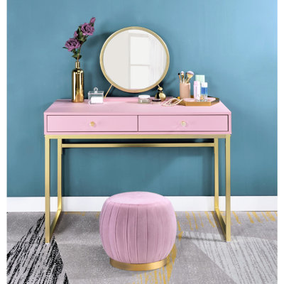 Vanity Desk With 2 Drawers, Pink And Gold Look, Removable Mirror, Jewelry Tray For Makeup Items Drawers Desk, Removeable Tray, Crystal Handles Style