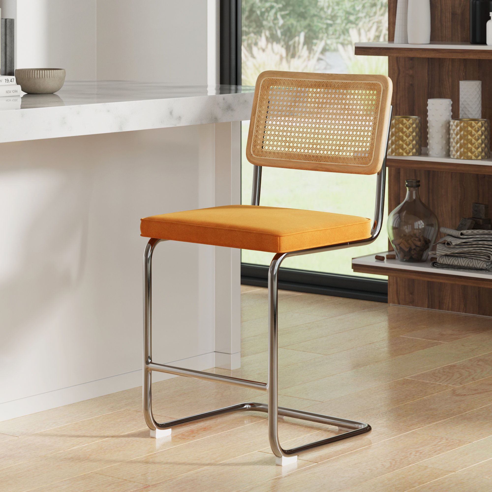 Walsh Velvet Bar & Counter Stool, Cognac, Counter Stool (24” Seat Height)