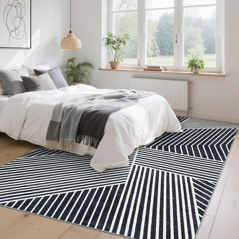 Modern Washable Striped Hallway Runner, Non-Slip, Low Pile, Farmhouse Rug for Kitchen & Laundry - Black, Rectangle 8' x 10'
