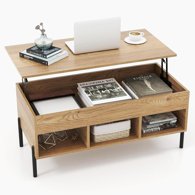 Table basse relevable avec pieds en métal, table centrale avec compartiment caché