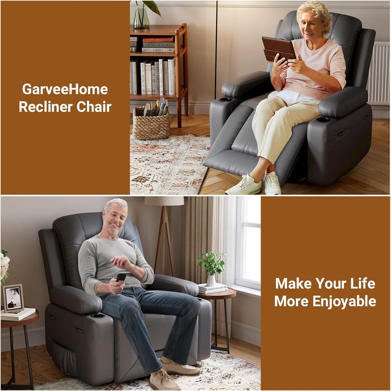 Fauteuil inclinable réglable pour personnes âgées avec porte-gobelets, poches latérales et port USB, Gris
