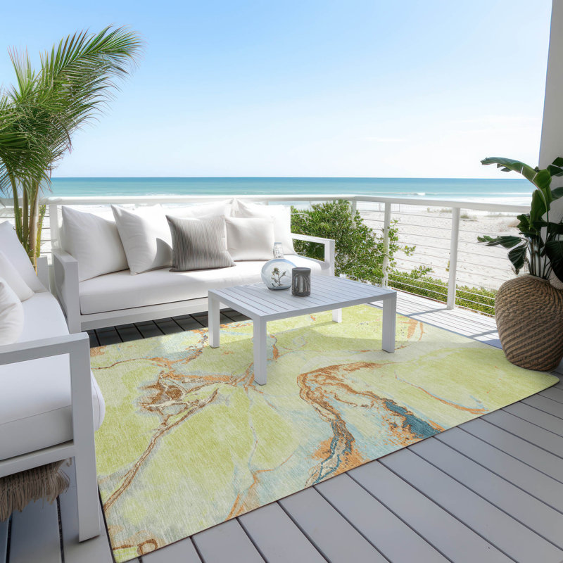Aloe Green Abstract Washable Synthetic 3' x 5' Rug
