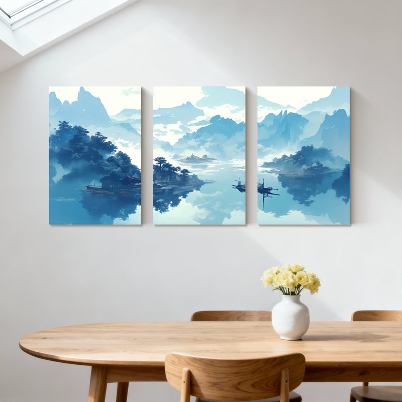 Paysage et nature montagne lac brume bateau reflet ciel nuages arbres ensemble de 3 impressions sur toile, H 18 po x l 36 po