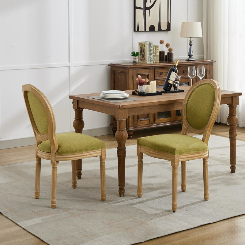 Chaise de salle à manger de style français à 2 pièces en lin olive avec dossier et structure en bois d'hévéa massif, rembourrage en mousse, hauteur de 37,4 po
