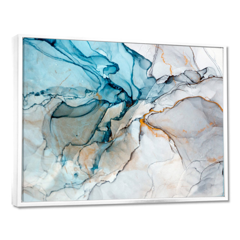 Luxry Blue and Grey Marble Art Ripples - impression sur toile, Reproduction avec cadre flottant, H 30 po x l 40 po, Blanc