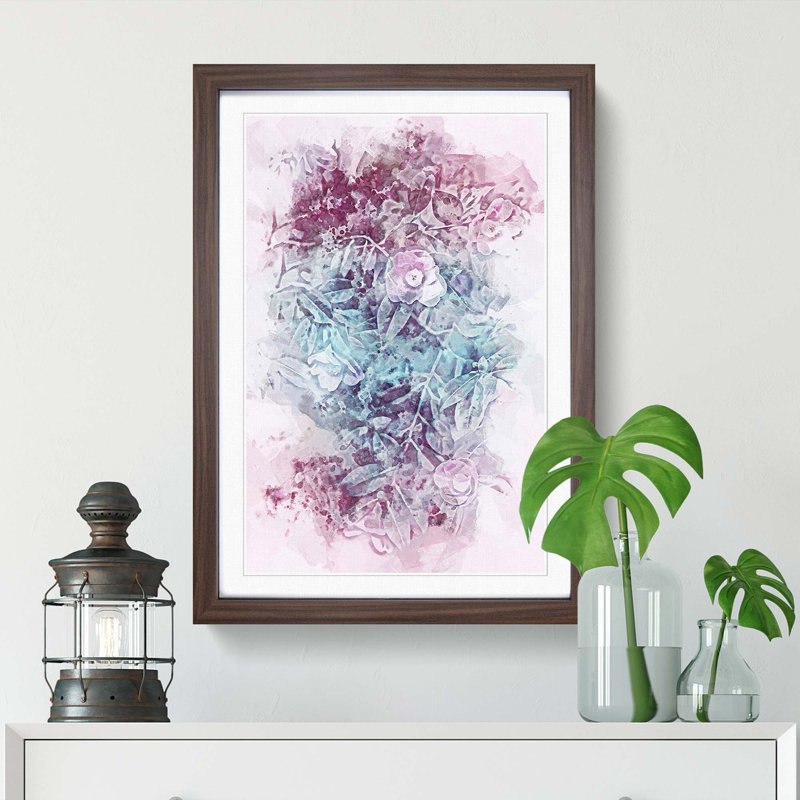 Pretty Flowers Abstract Art - Picture Frame Painting Print, 50cm H x 35cm W x 2cm D, Walnut