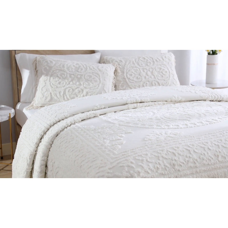 Ivory Medallion Chenille King Bedspread with Fringe Detail