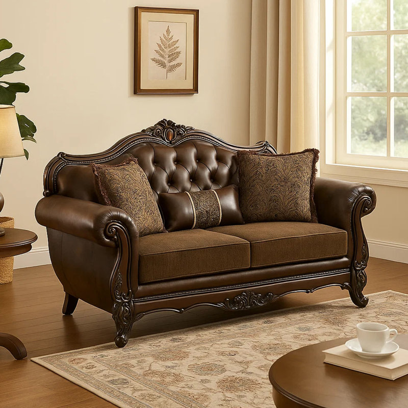 Sena Loveseat, Faux Leather, Rolled Arms, Cherry Brown Solid Wood, 74 Inch