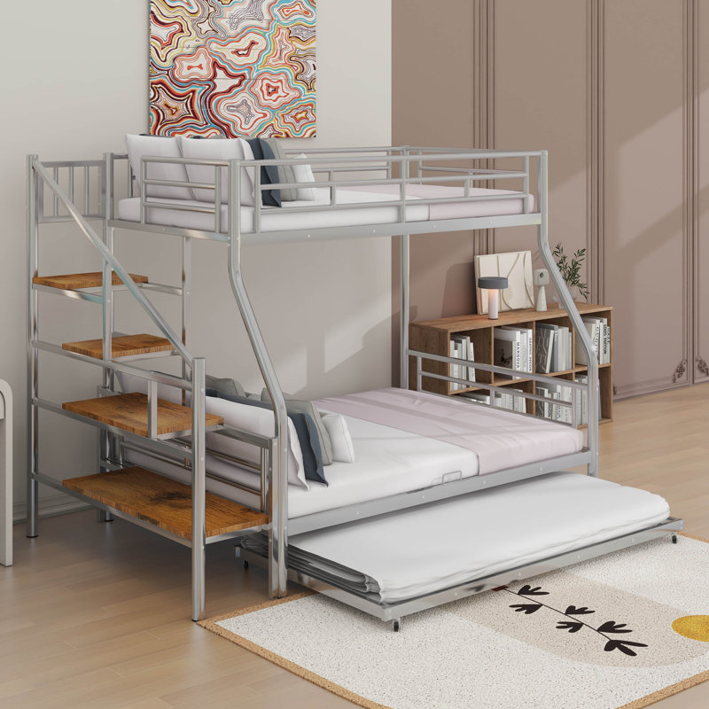 Lit simple superposé au dessus d'un lit double en métal avec lit gigogne, Argent argent
