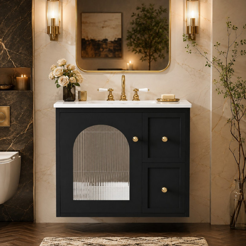 Ensemble de meuble-lavabo mural 24 po avec lavabo en céramique, 2 tiroirs et porte cannelée en verre, Noir