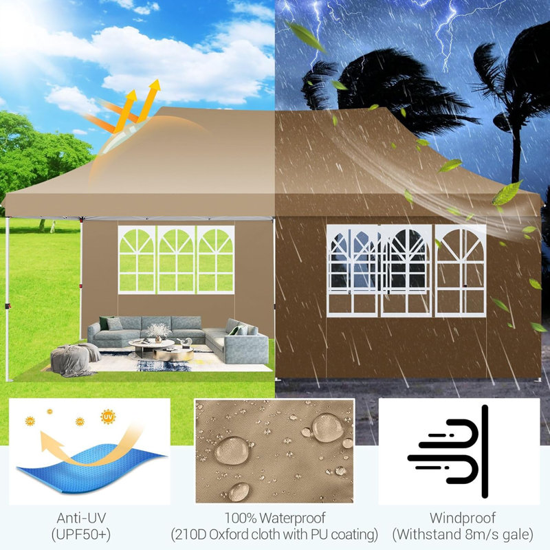3x6m Pop Up Canopy Tent with 4 Removable Sidewalls, Easy Up Commercial Canopy, Khaki