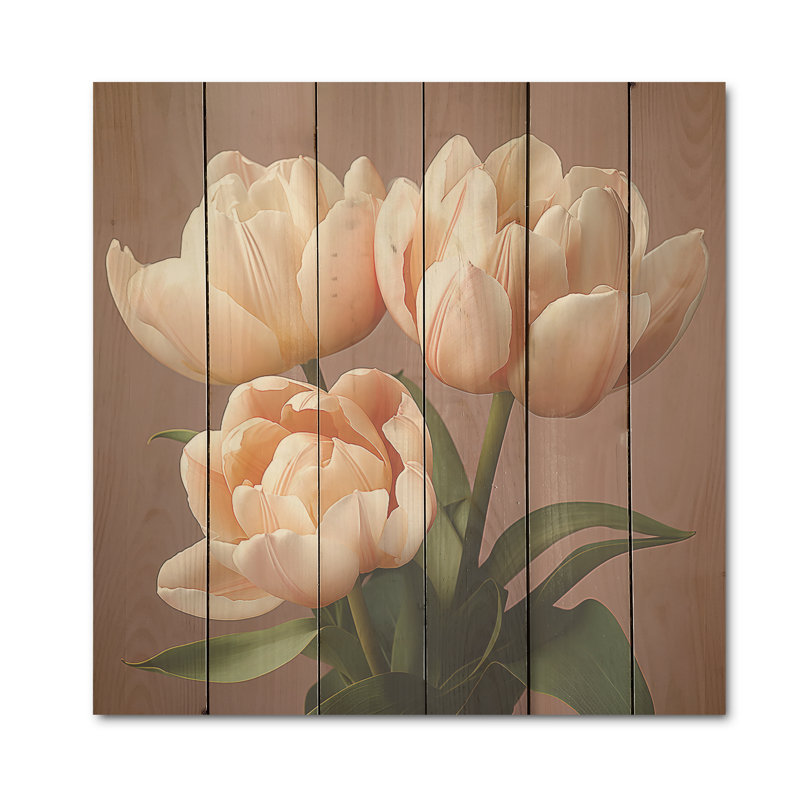 Tulipes douces aux tons neutres, art mural sur bois de pin naturel, H 15 po x l 15 po